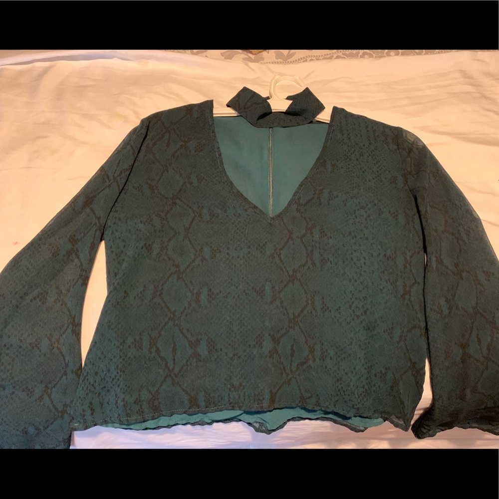Teal animal print choker blouse